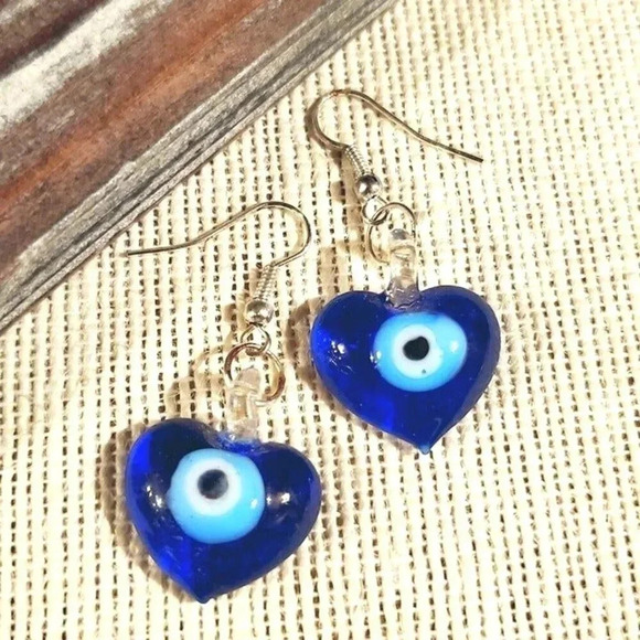 Evil Eye Murano Heart Earrings Blue - Picture 1 of 3
